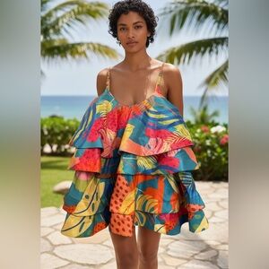 Love Highlight Tropical Ruffle Tiered Mini Dress Women’s Small